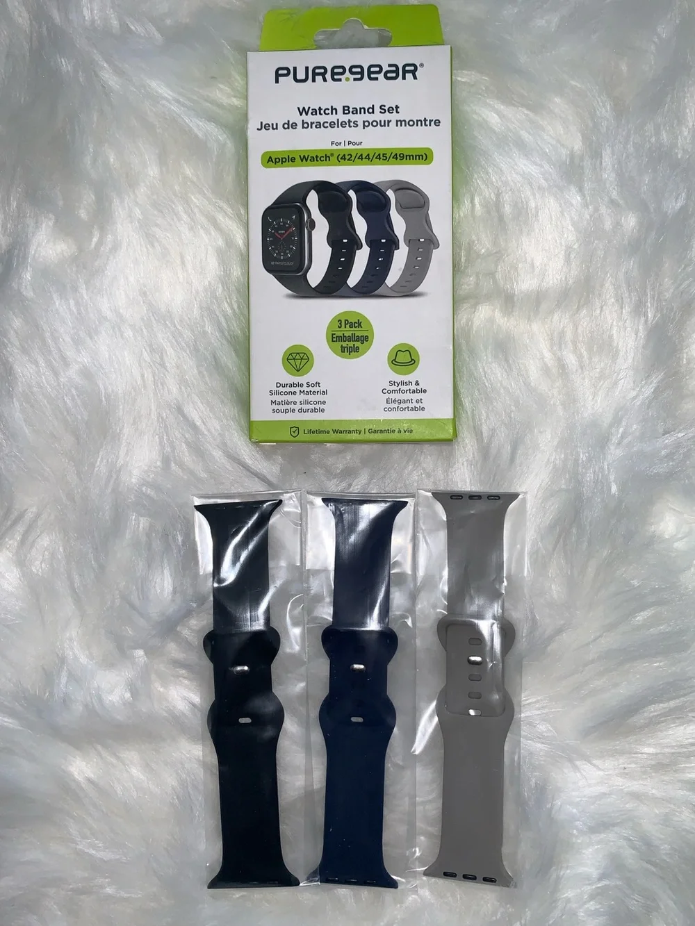 3-Pack Silicone Watch Band Set for Apple Watch in Black, Navy, Gray